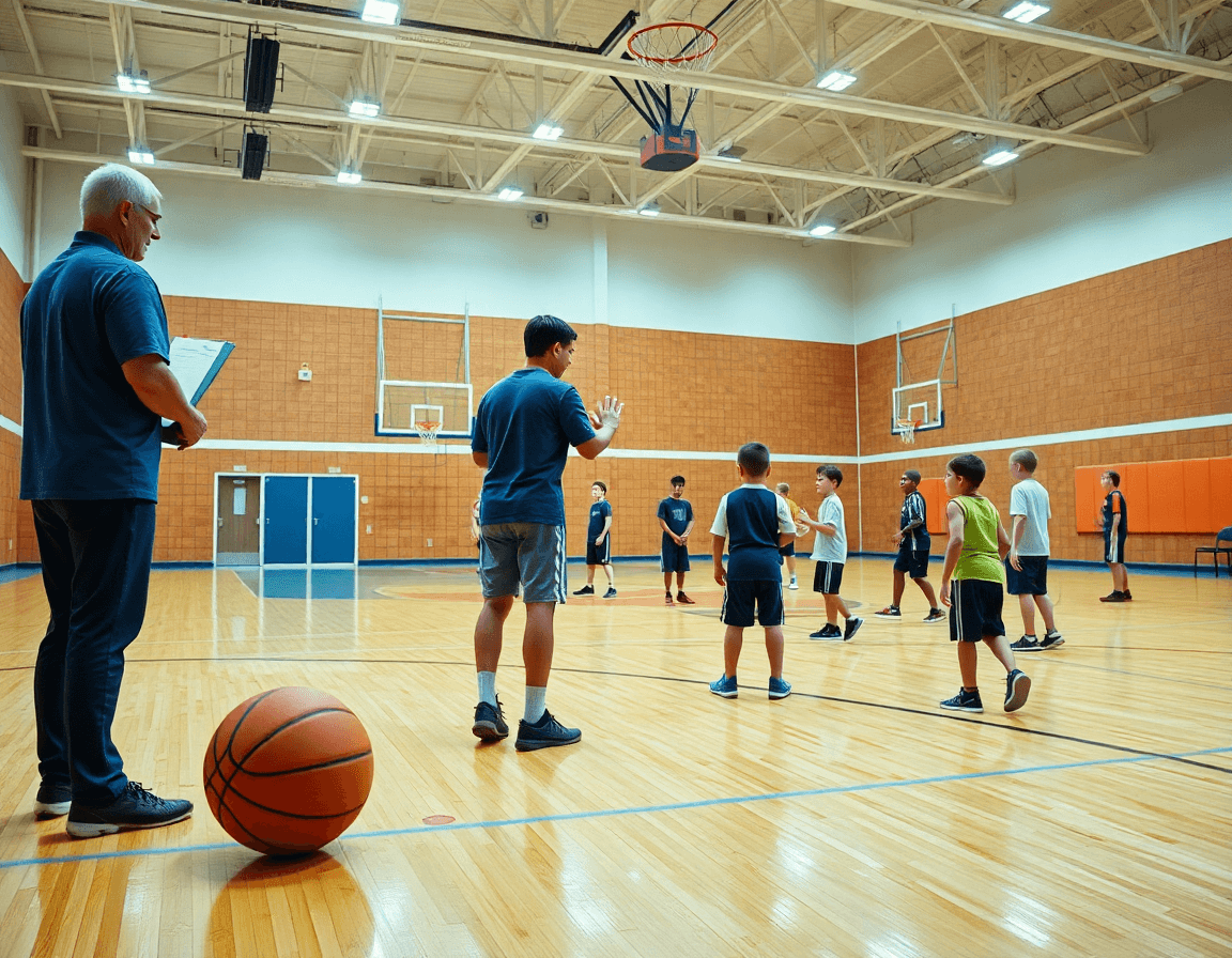 Plan d'entrainement basket baby vu d'ensemble, coach guide les jeunes sur le terrain.
