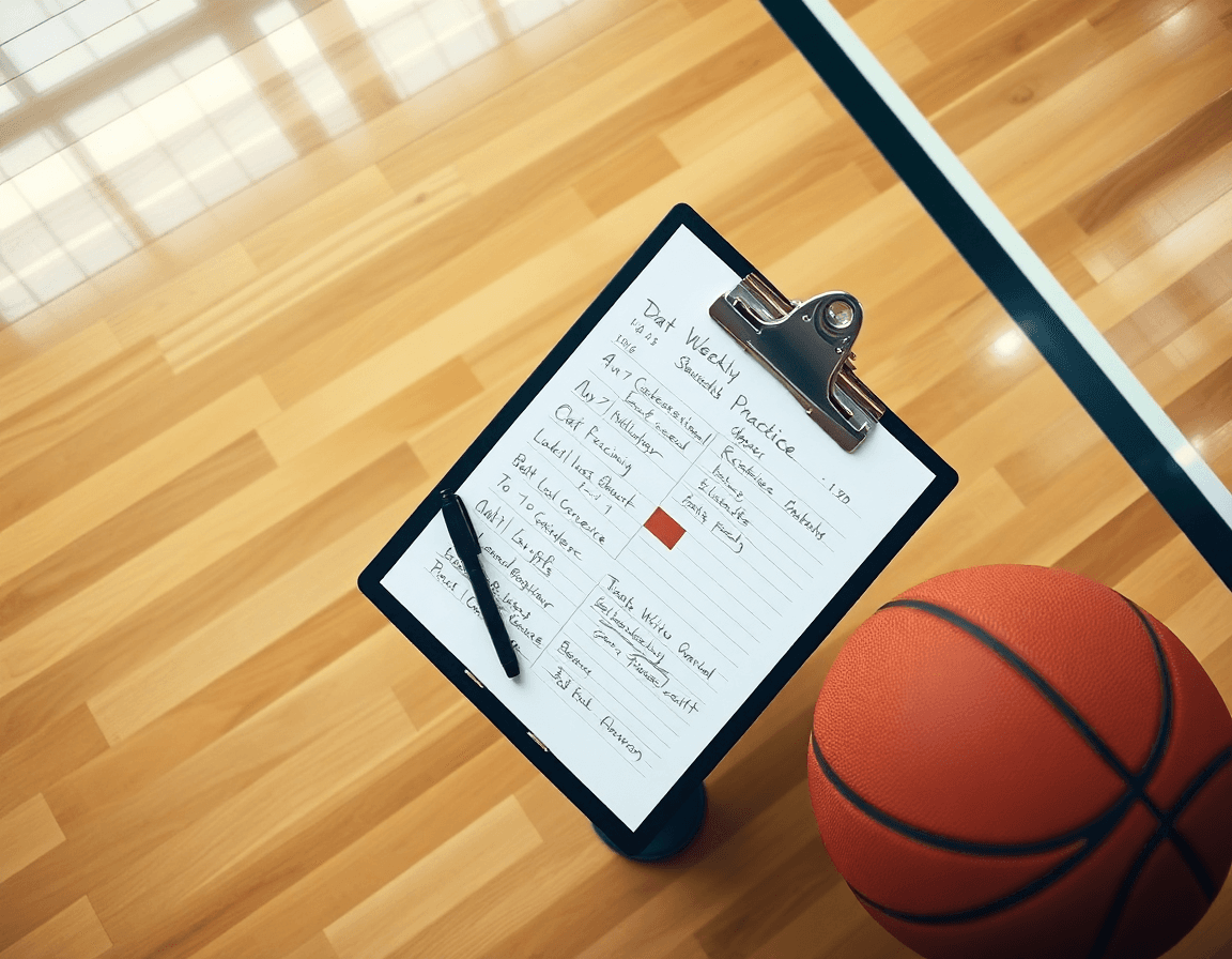 Coach's weekly practice plan on a clipboard