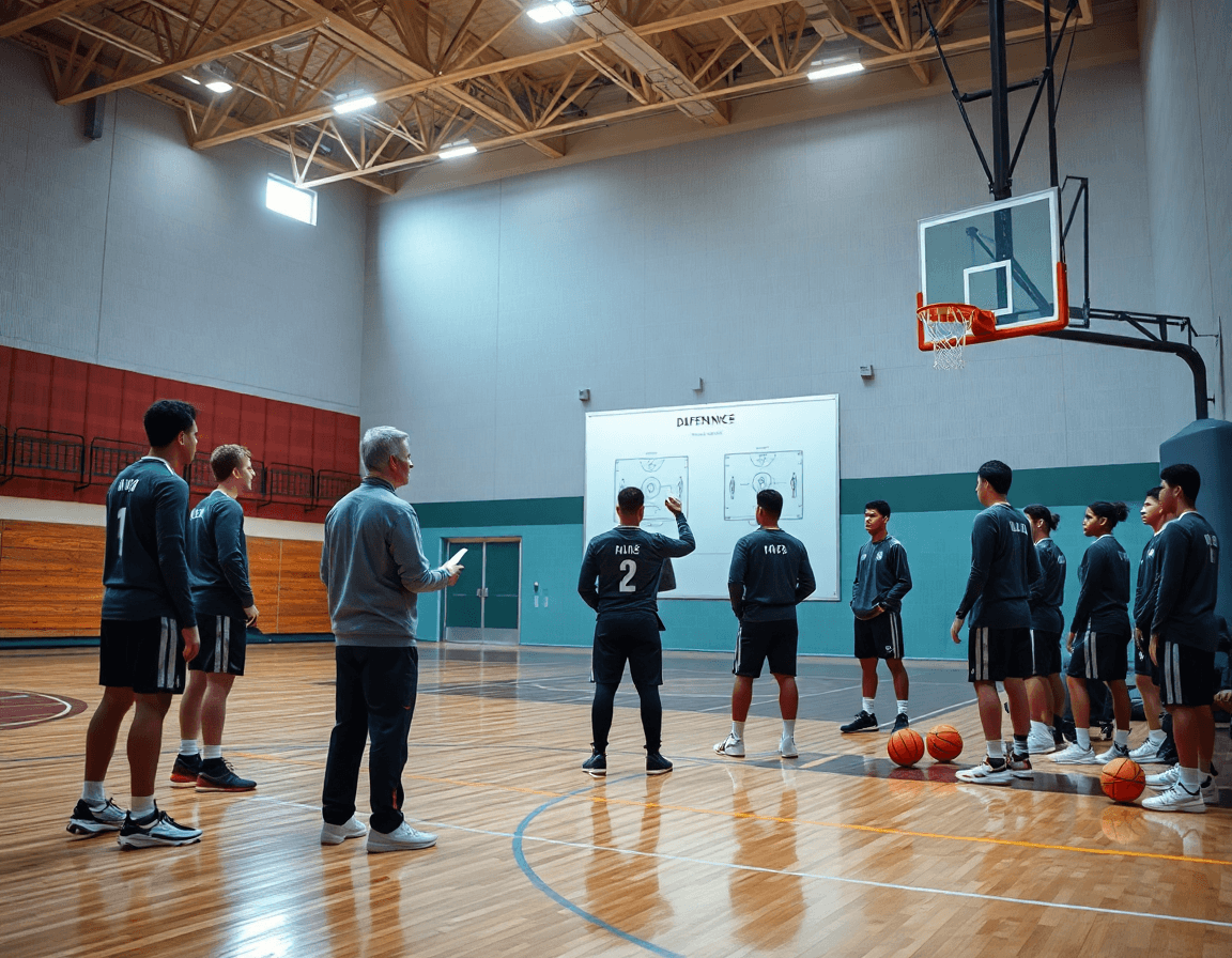 Grande scène montrant l'entrainement basket defense en action sur le terrain, avec coach et joueurs.
