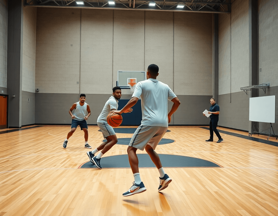 Plan visuel montrant entrainement basket defense individuelle, coach dessine les rotations sur un tableau blanc