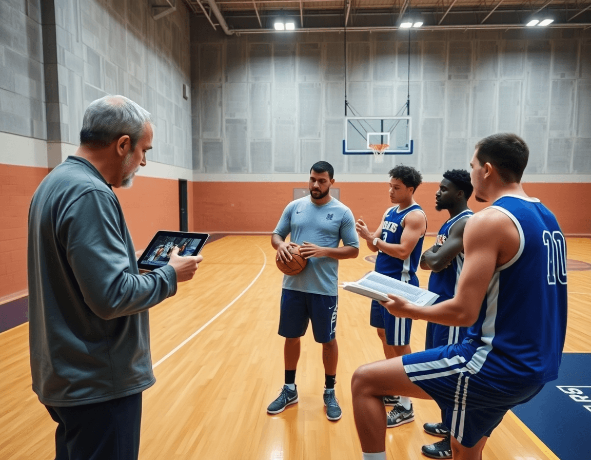 Session vidéo montrant entrainement basket defense individuelle sur tablette, tableau blanc et gym lumineux