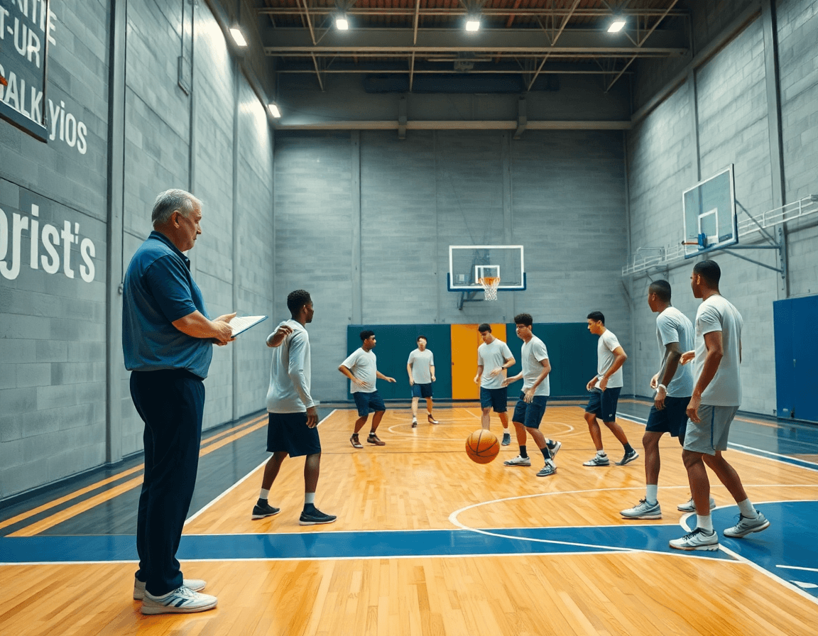Plan large d'un entrainement basket defense individuelle avec entraîneur et joueurs en gym