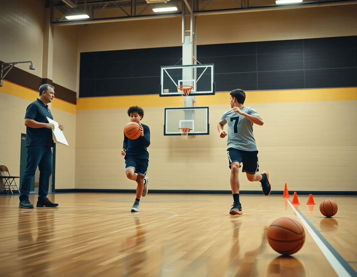 Plan serré sur deux enfants en entrainement basket enfant, dribble et passes, coach pointant vers un tableau tactique.