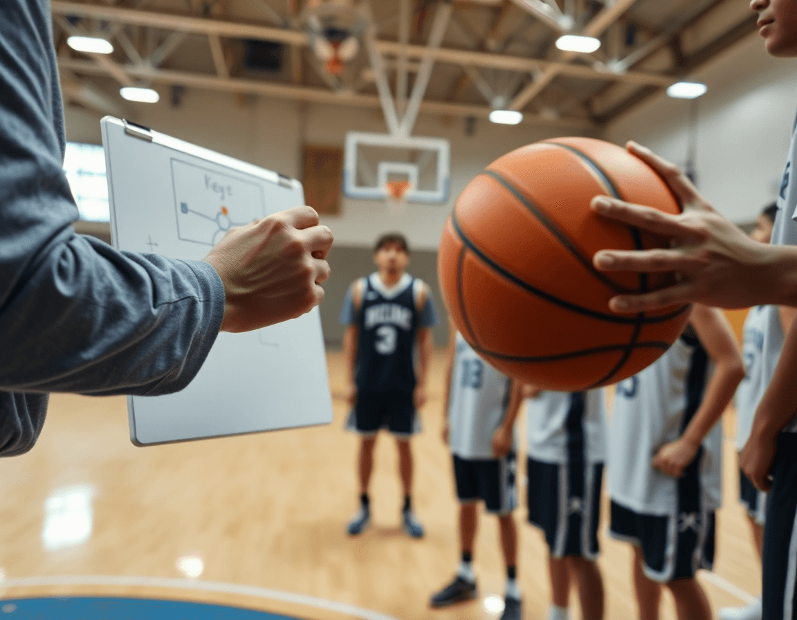 Gros plan des mains et du ballon de basket pendant l'entrainement basket enfant, coach explique une passe.