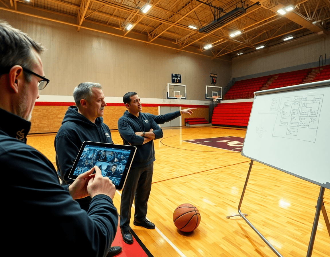 Entrainement basket enfant: coach et joueurs consultent une tablette près du banc, plan tactique visible.