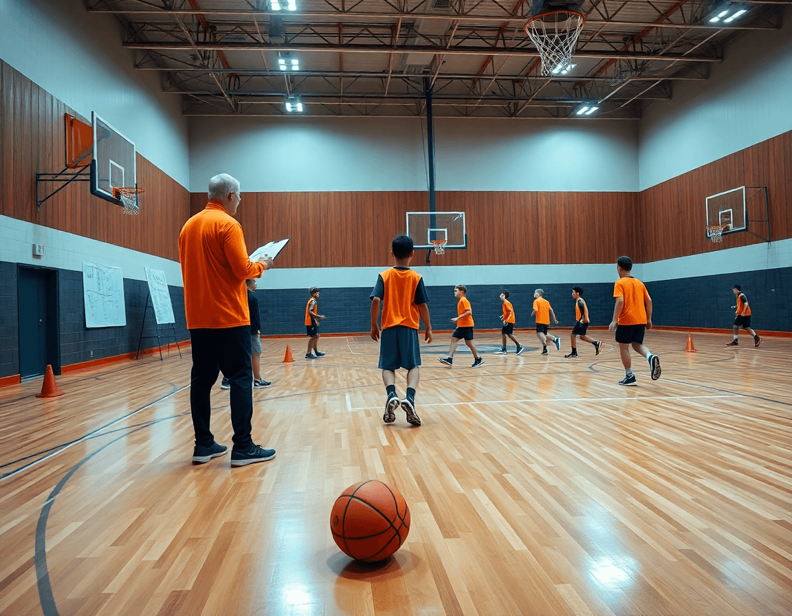 Vue panoramique d'un entrainement basket enfant dans une salle, coach sur le bord avec un tableau.