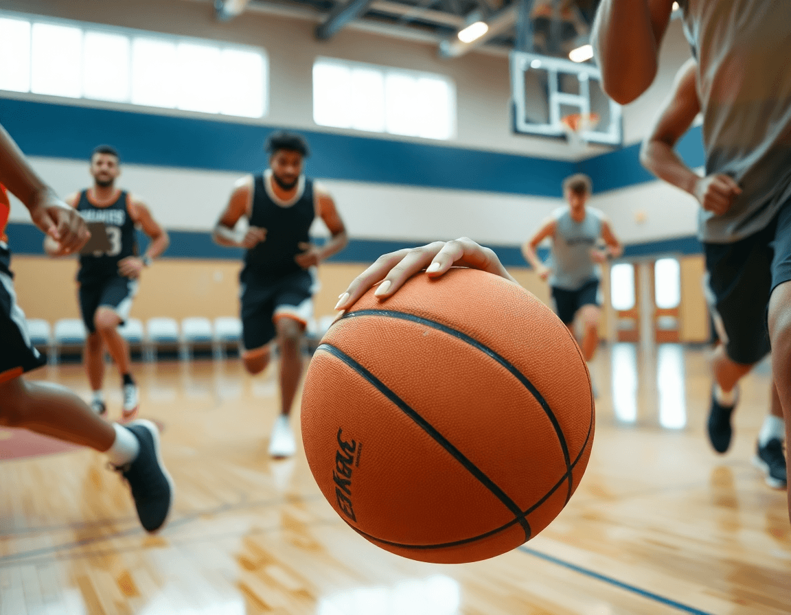 Premier plan sur les mains tenant une balle, entrainement basket gratuit, sur un sol en bois.