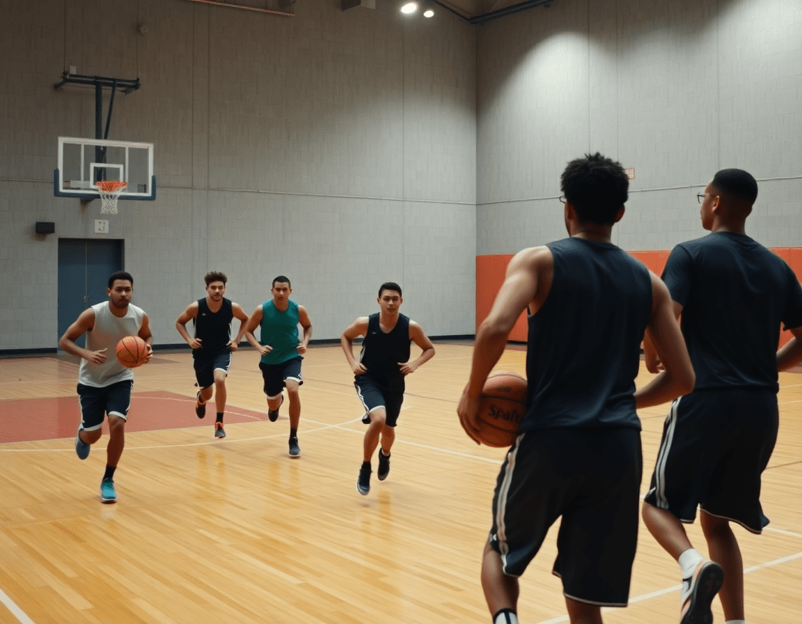 Vue d'ensemble des joueurs courant un demi-terrain, entrainement basket gratuit entre coach et équipe.