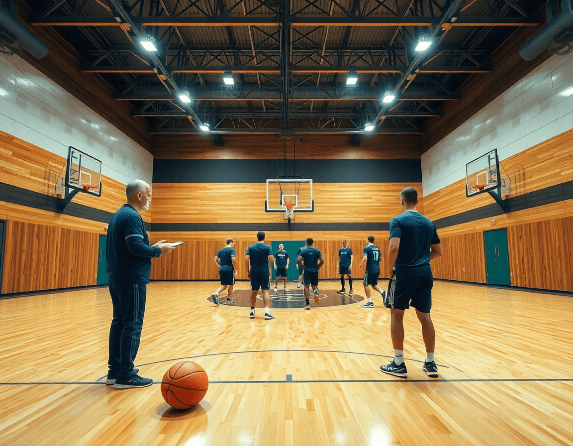 Plan large sur l'entrainement basket gratuit en gym, coach et joueurs en action.