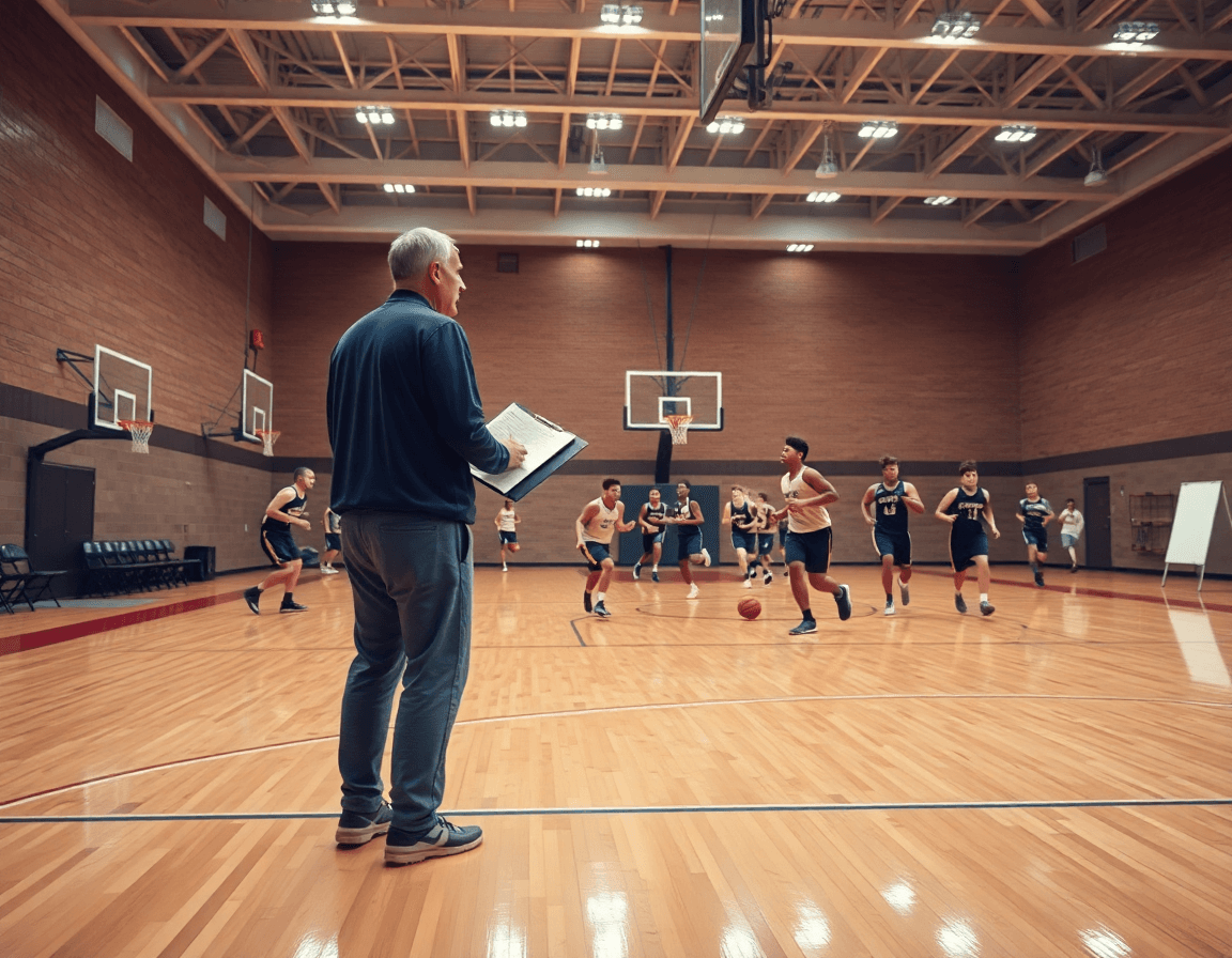 Vue generale de l entrainement basket jeu rapide ou le coach dirige l equipe sur le parquet.
