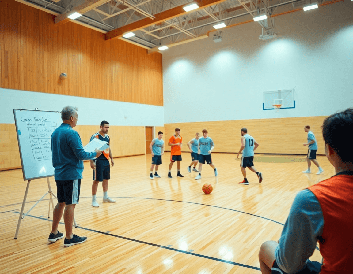 Plan d'entraînement basket jeu avec coach et équipe sur un terrain de basket