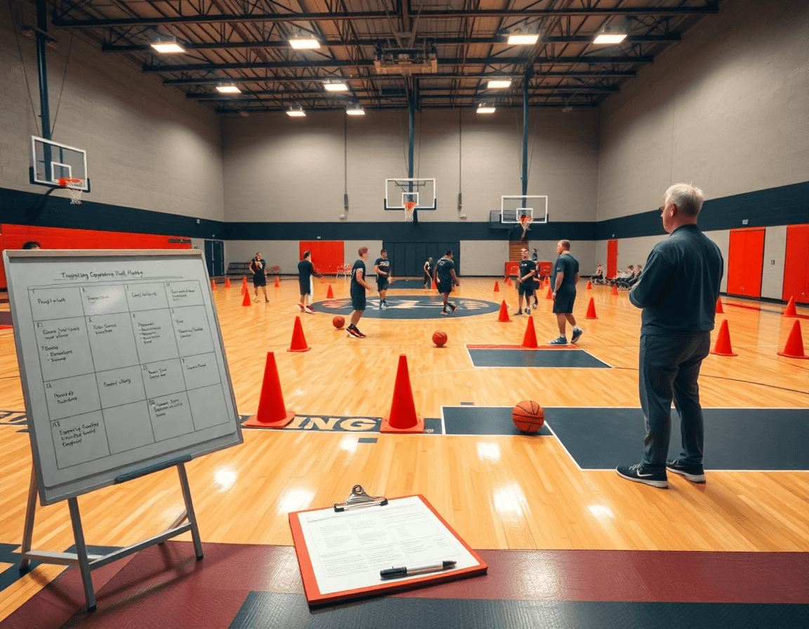 Dans un gymnase de basketball, le coach explique l'entrainement basket materiel et son importance.