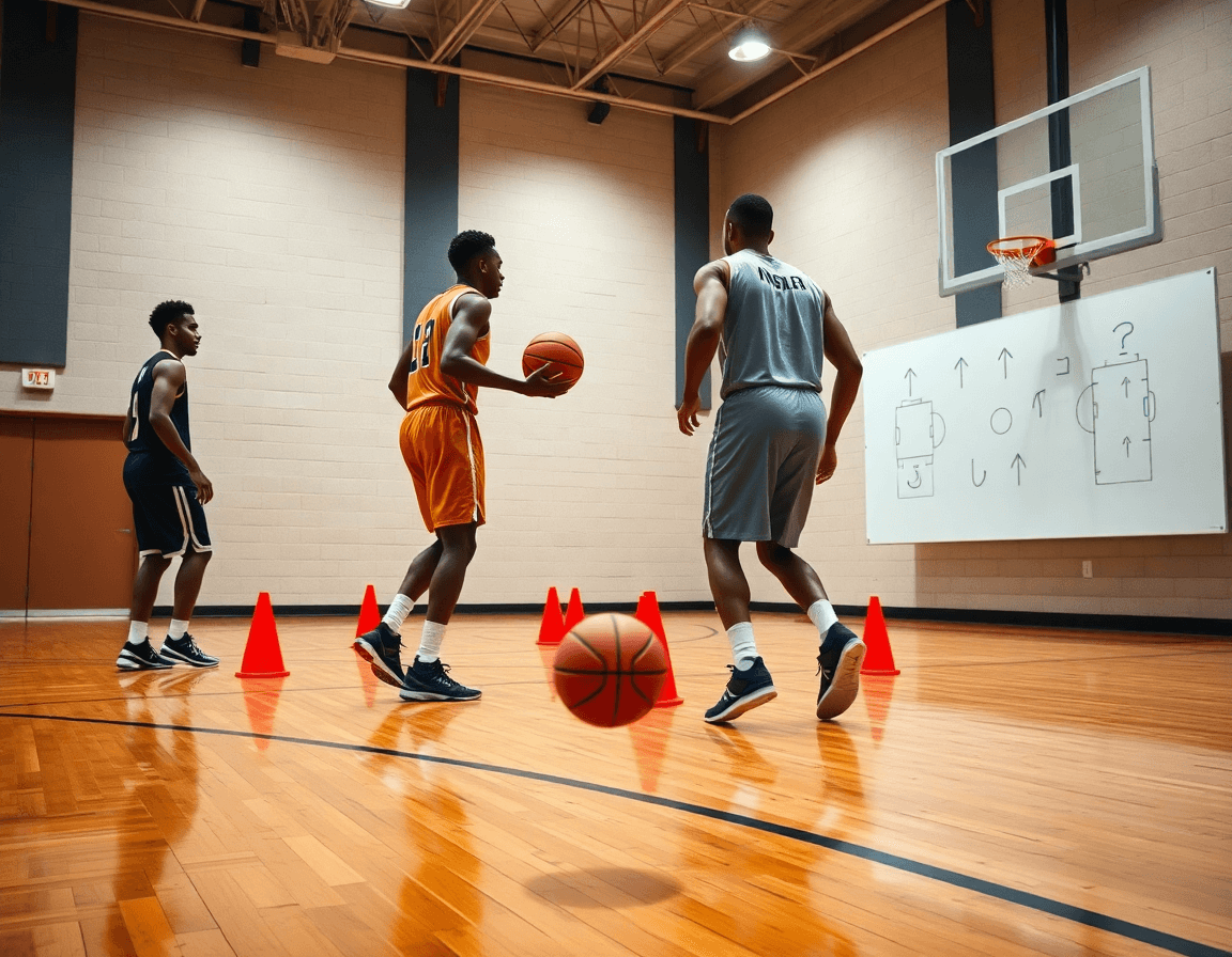 Sur le banc, l'équipe observe un entrainement basket materiel, avec exercices et plans construits autour du matériel.