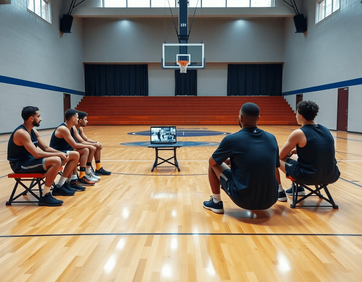 Visionnage vidéo et scouting sur ordinateur, l'entrainement basket materiel guidé par le coach dans le gymnase.