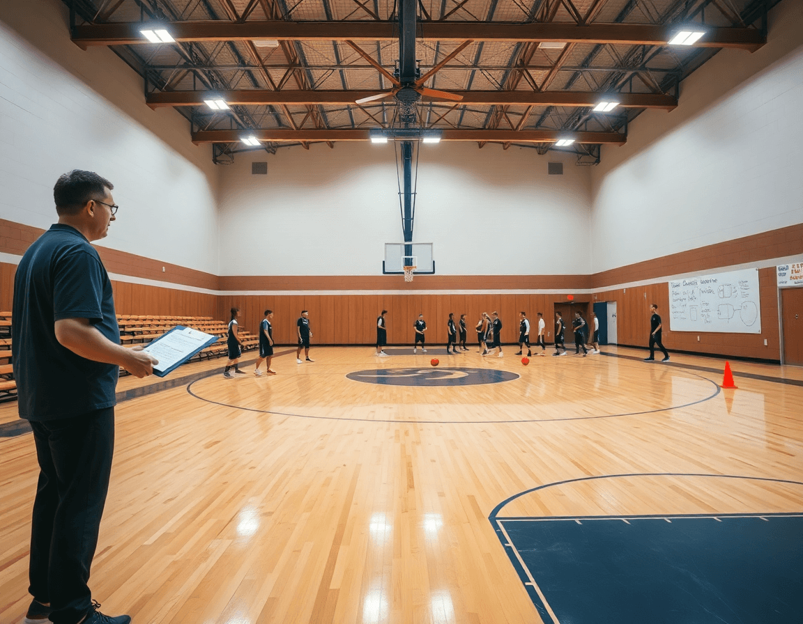 Grande scène en FR: un gymnase de basketball, l'entrainement basket materiel et l'équipe en action.