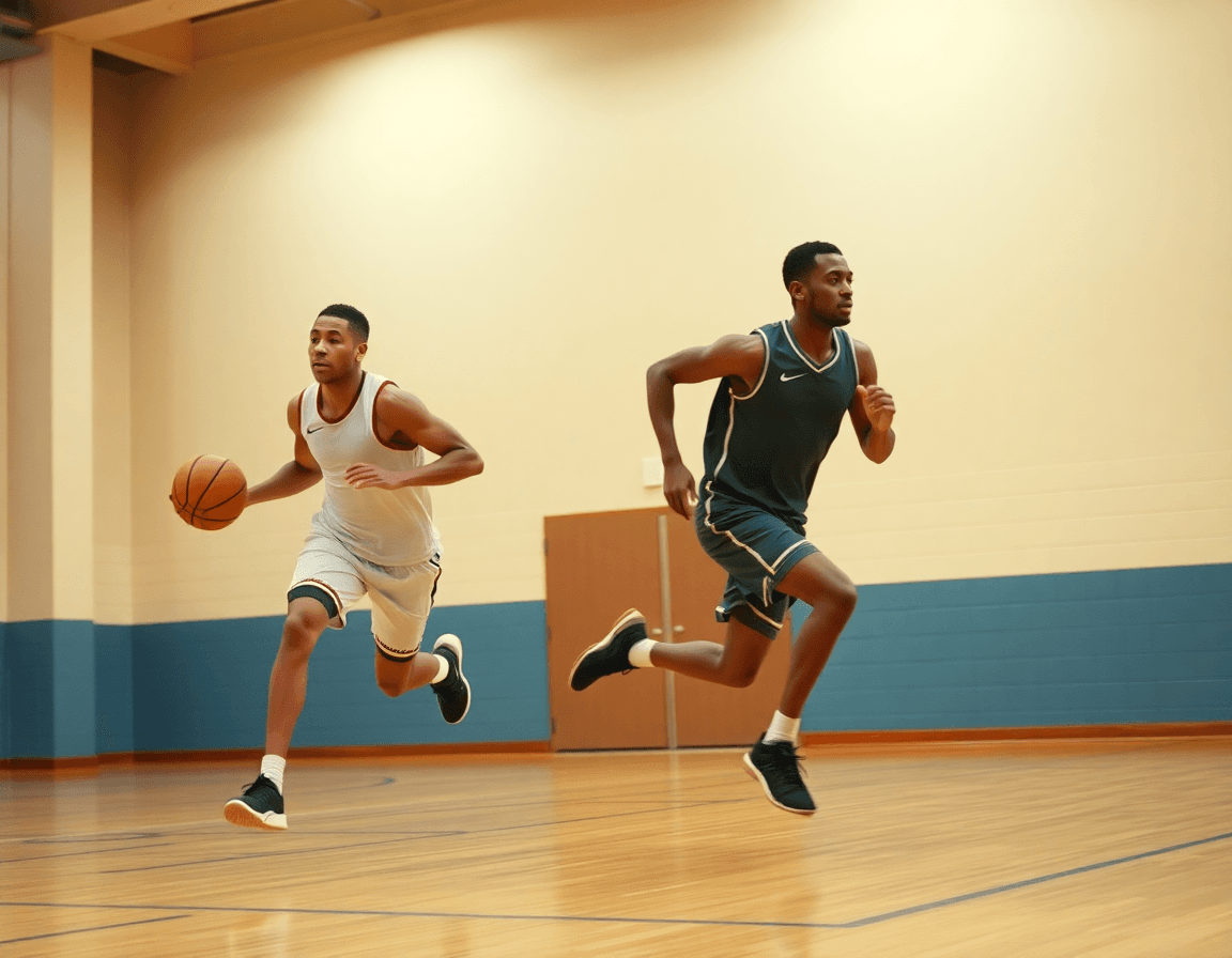 Players running a fast-break drill in practice