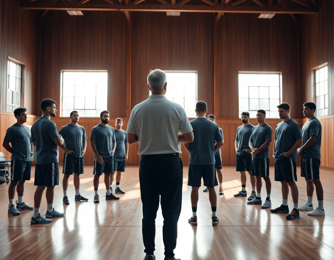 Basketball coach leading a team practice in a gym