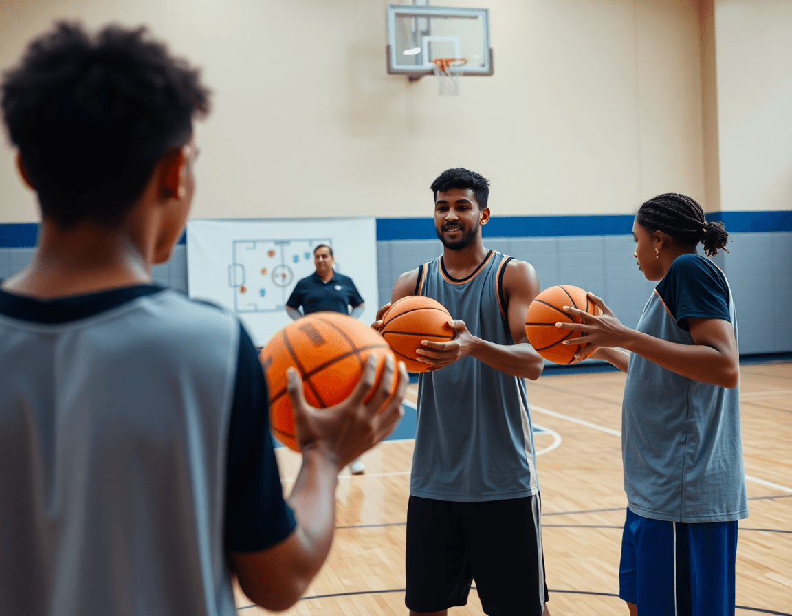 Plan rapproché sur un entrainement basket pour debutant: passe et réception en groupe.
