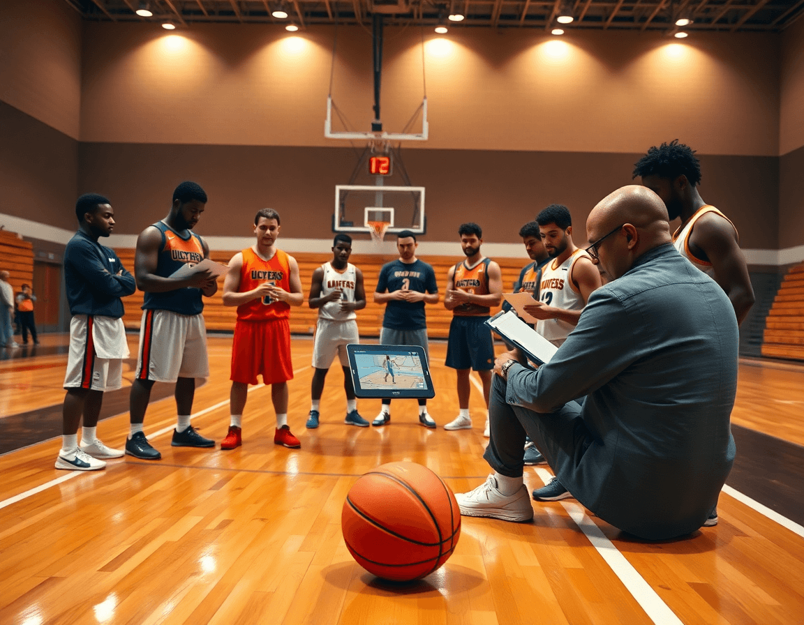 Vue intime d'un entrainement basket pour debutant avec coach et notes sur le clipboard.