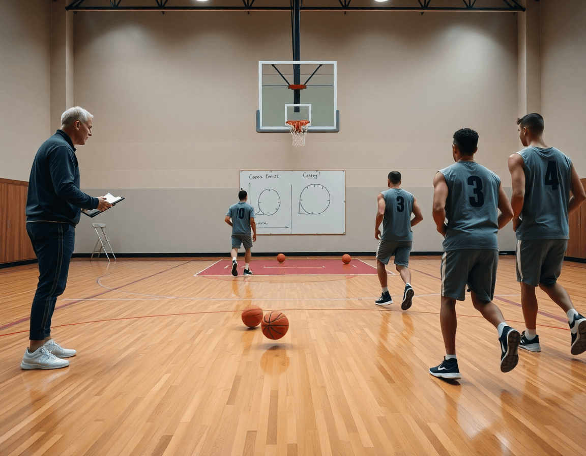 Vue panoramique d'un entrainement basket pour debutant dans une salle, coach dirige les joueurs.