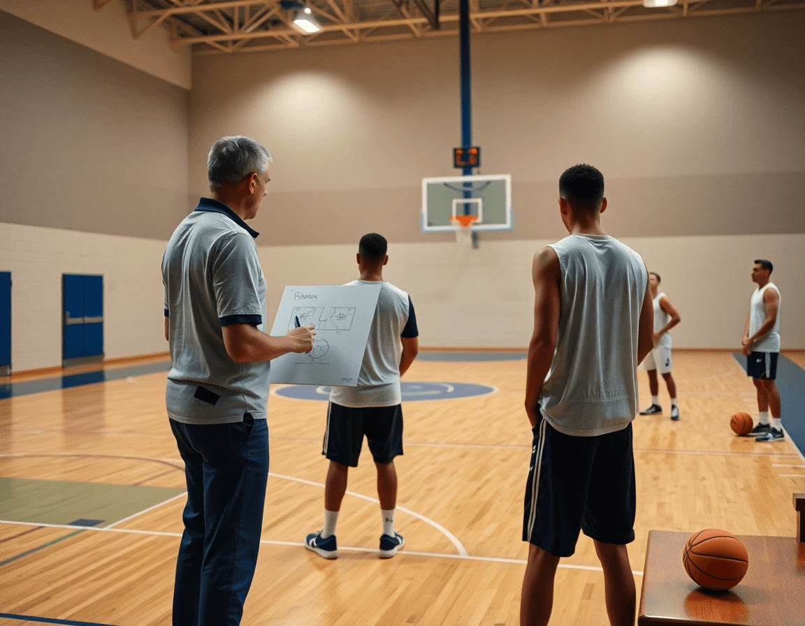Plan d'entrainement basket Rennes: coach dessine une action sur le tableau, joueurs observent.