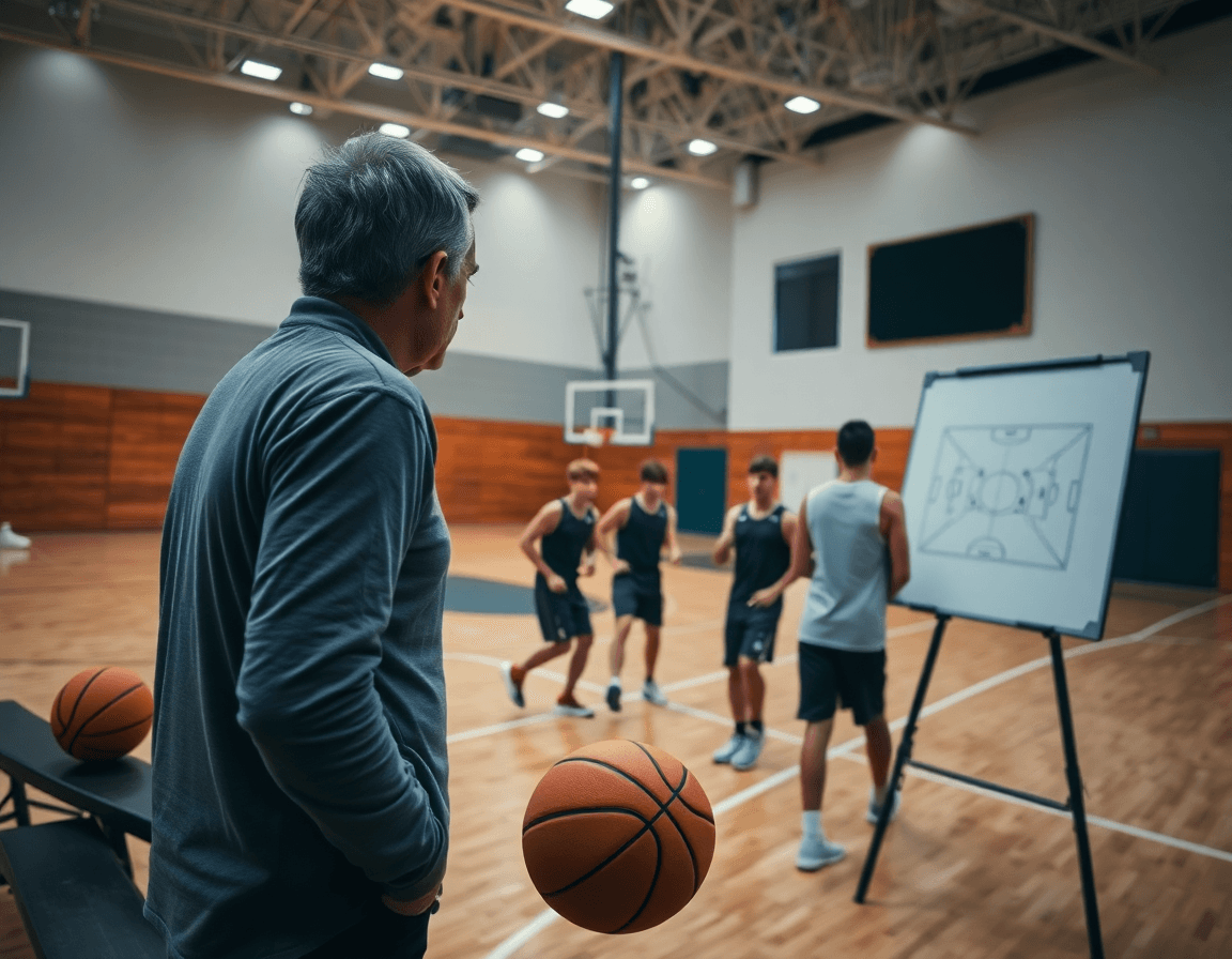 Plan d'entrainement basket Rennes: gros plan sur le coach dessinant une action sur le tableau.