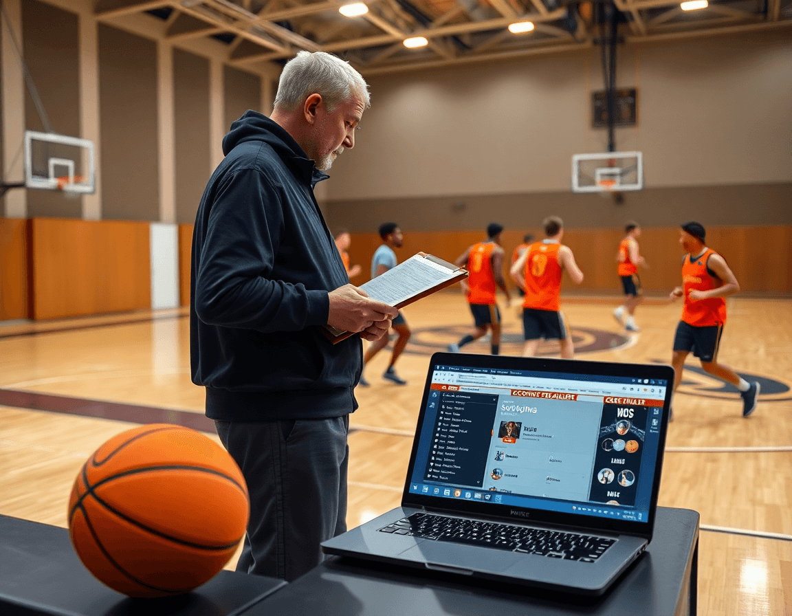 Plan d'entrainement basket Rennes: revue des notes de scouting pendant que les joueurs exécutent la défense.