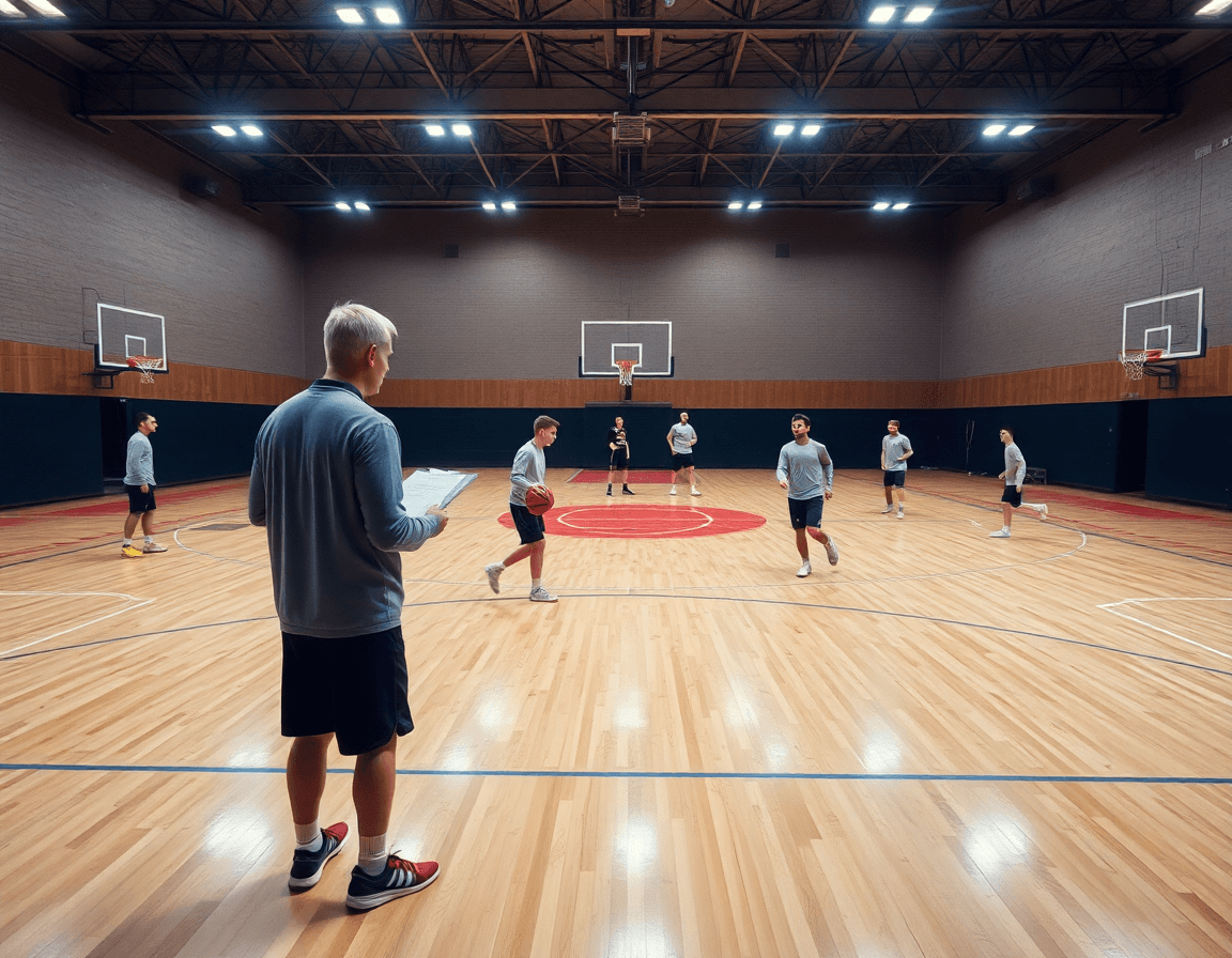 Plan d'entrainement basket Rennes: coach et équipe sur court, gymnase professionnel visible.