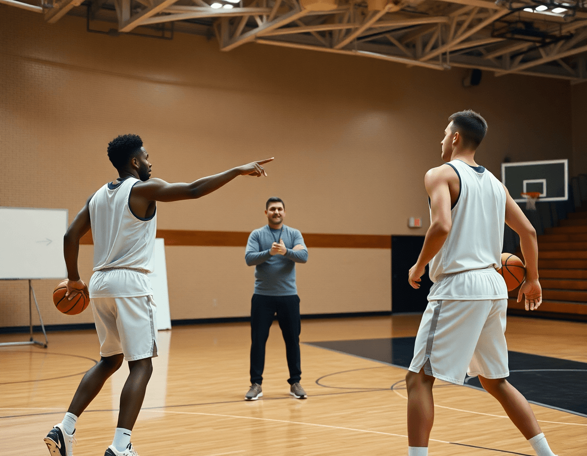 Dans entrainement basket reprise, deux joueurs réalisent un drill sur le parquet pendant que le coach dirige.