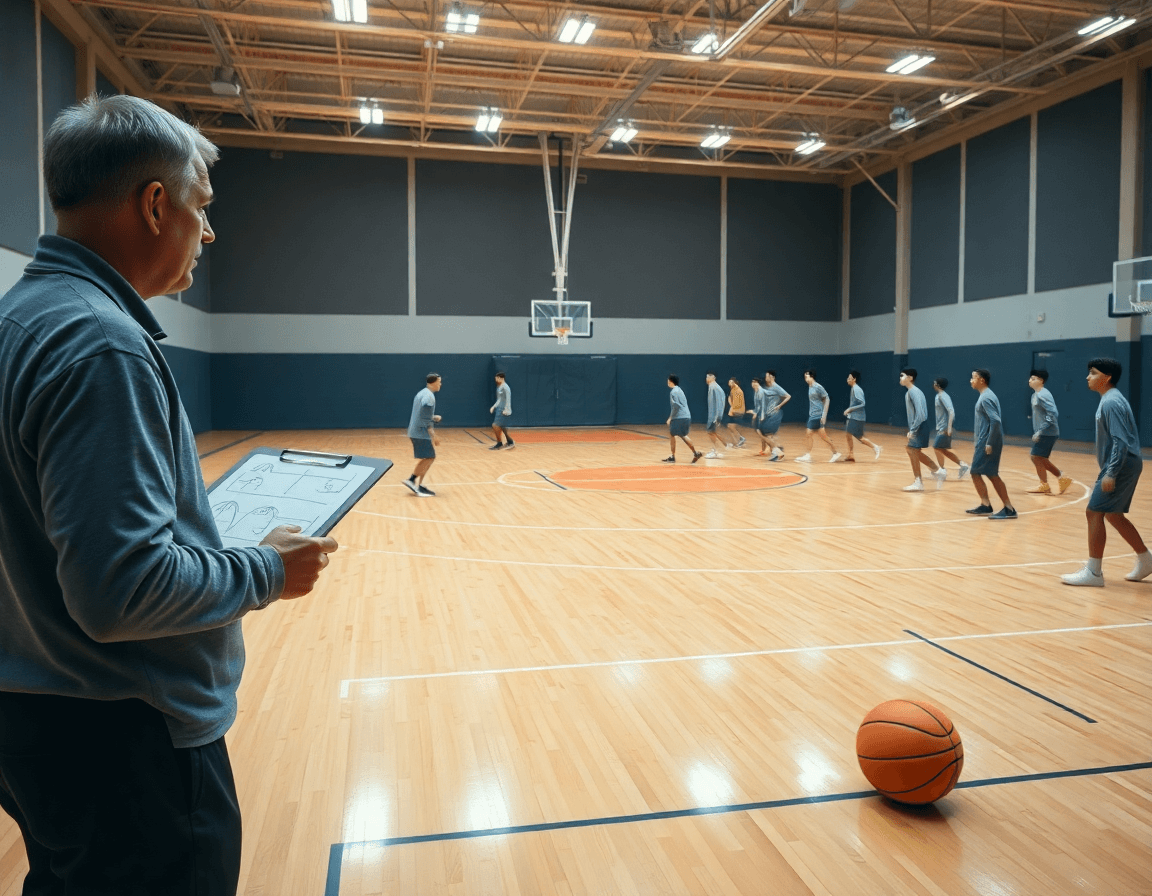Plan entrainement basket reprise: coach guide les joueurs sur le parquet pendant une séance.