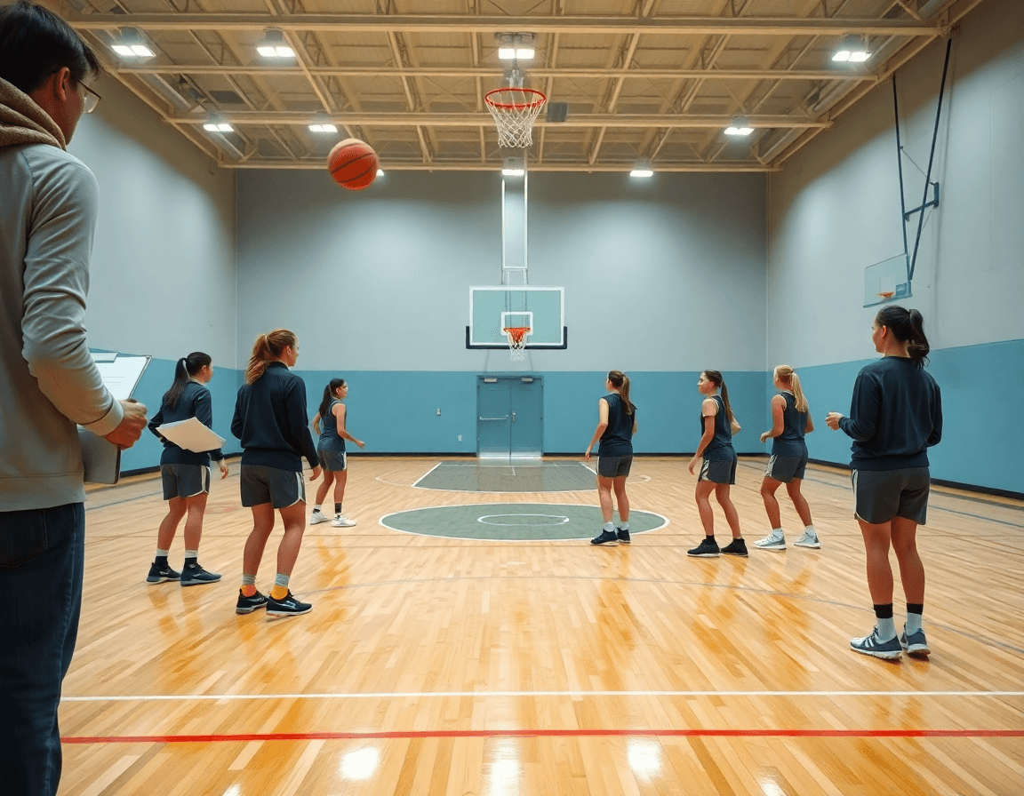 Vue d'ensemble d'un entrainement basket seniors filles dans un gym, coach et équipe en action.