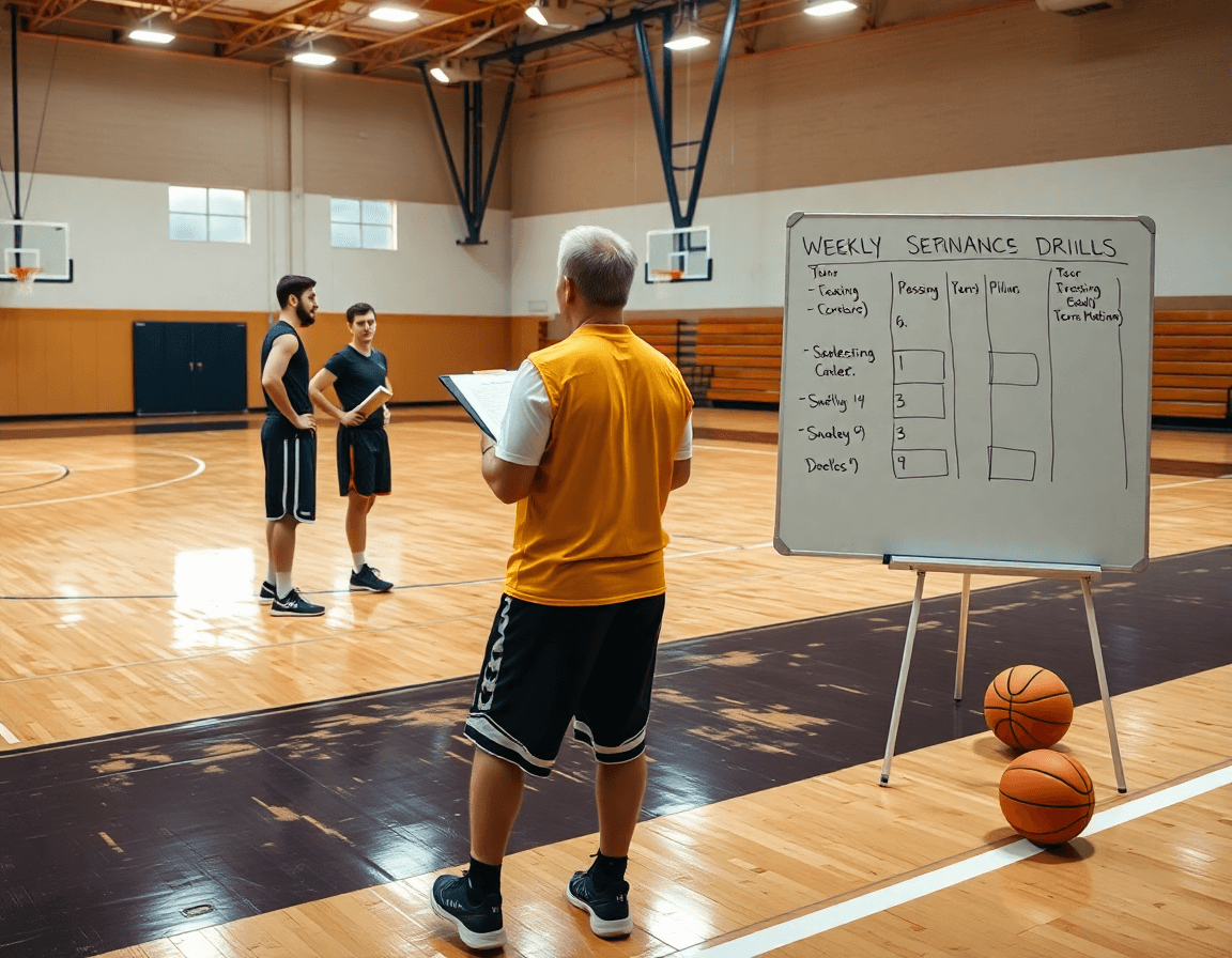 Un coach organise un entrainement basket seniors sur le terrain, planifiant la séance.