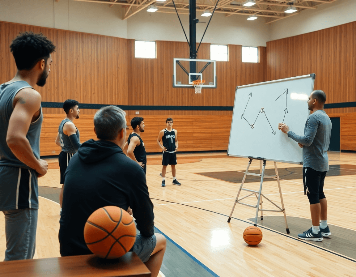Entrainement basket seniors: un coach explique une mise en place sur le tableau.