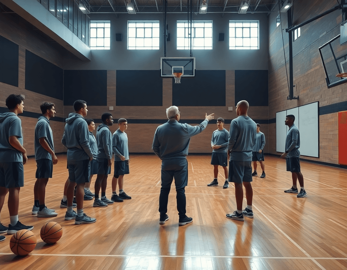 Vue large d'un entrainement basket seniors dans une salle de basket, coach et joueurs autour d'un tableau tactique.