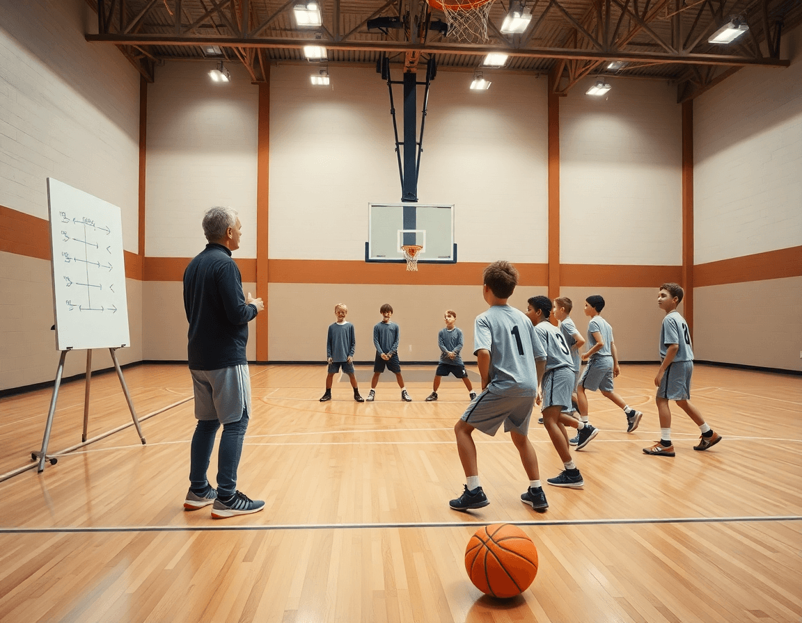 Plan large sur l'entraînement basket u11 défense dans un gymnase, coach et joueurs en action.