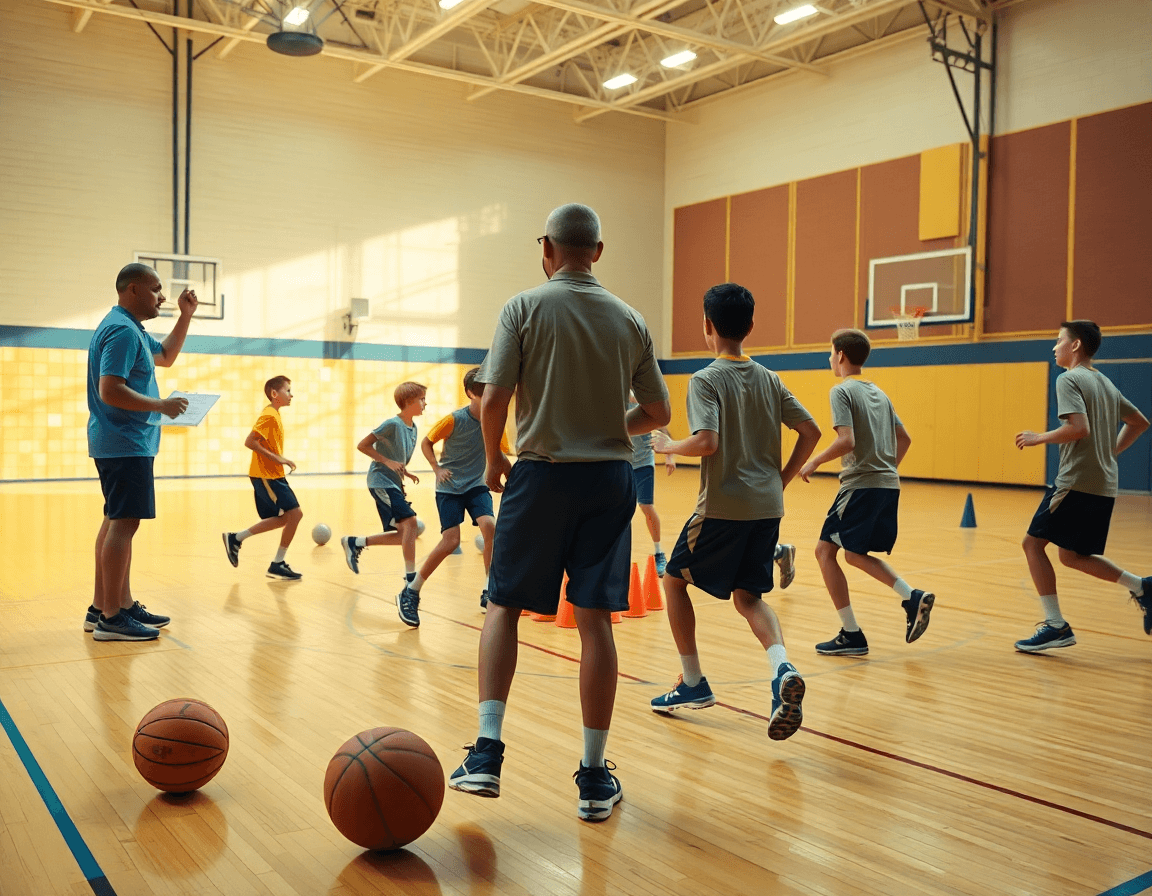 Planification rapide d'entrainement basket u13 sur le terrain, coach et joueurs en exercice.