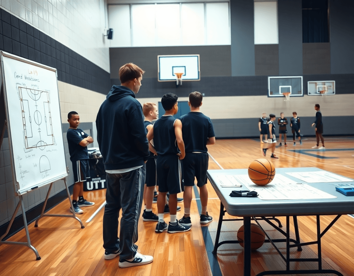 Visuel d'une session d'entrainement basket u13 avec tableau blanc et passes rapides.