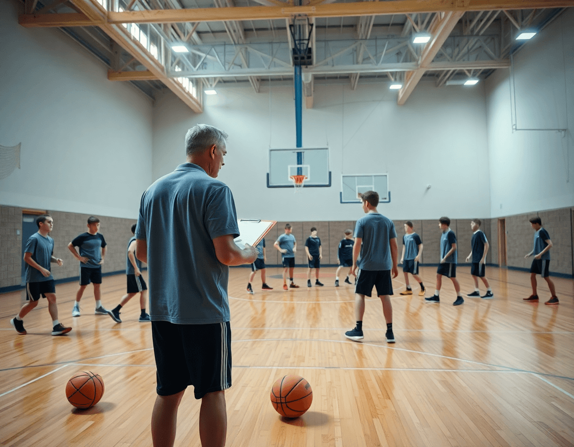 Résumé visuel d'un entrainement basket u13 dans une salle, coach et équipe en mouvement.