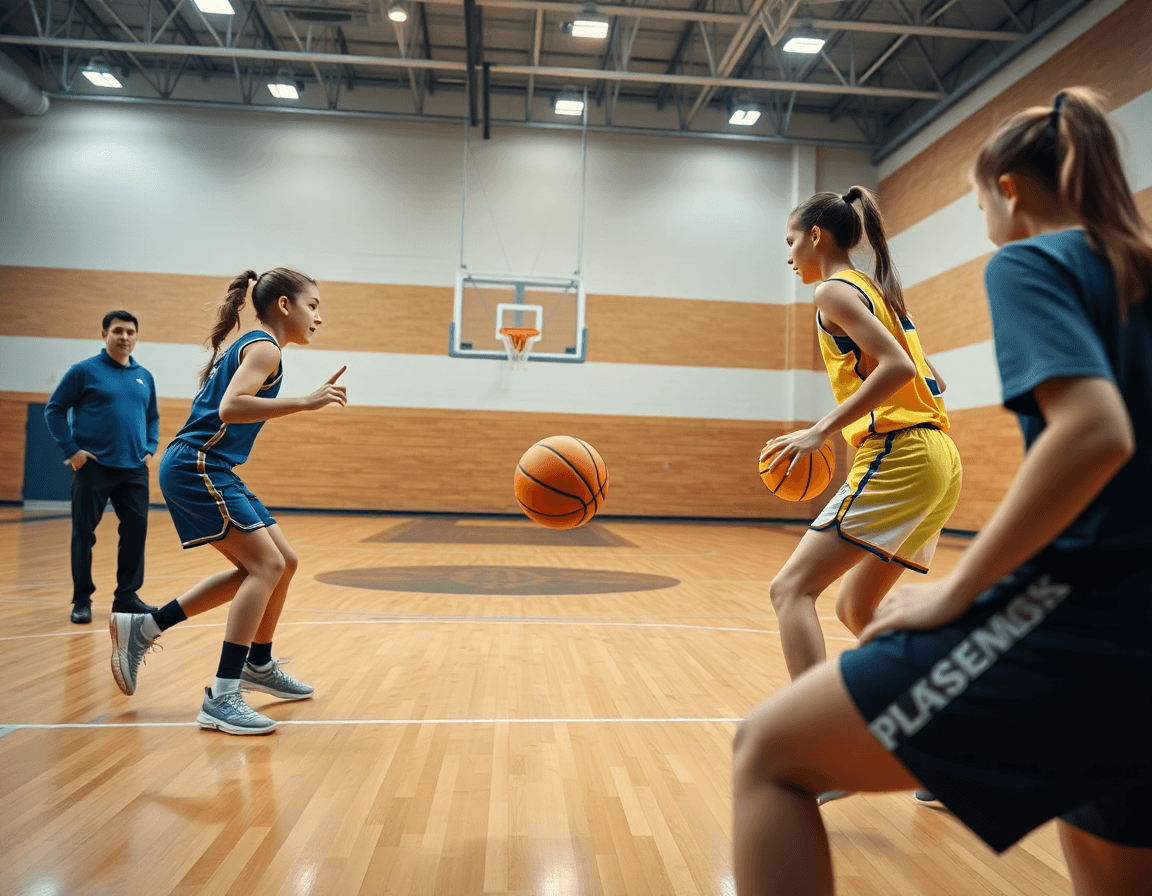 Deux filles entrainement basket u15 filles près du haut de la clé, coach sur le bord avec carnet.