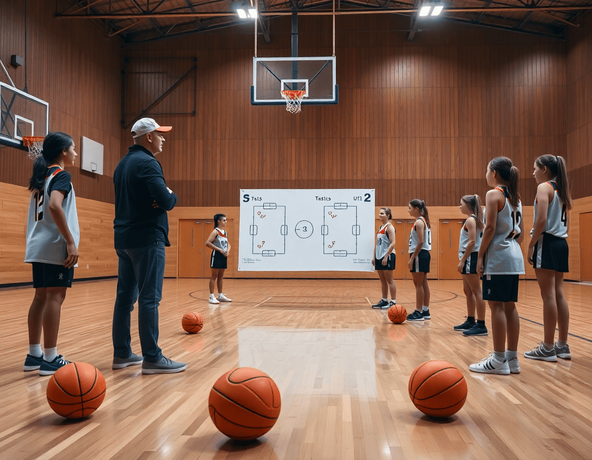 Coach debout près d'un tableau tactique montrant la mise en place pour l'équipe entrainement basket u15 filles.