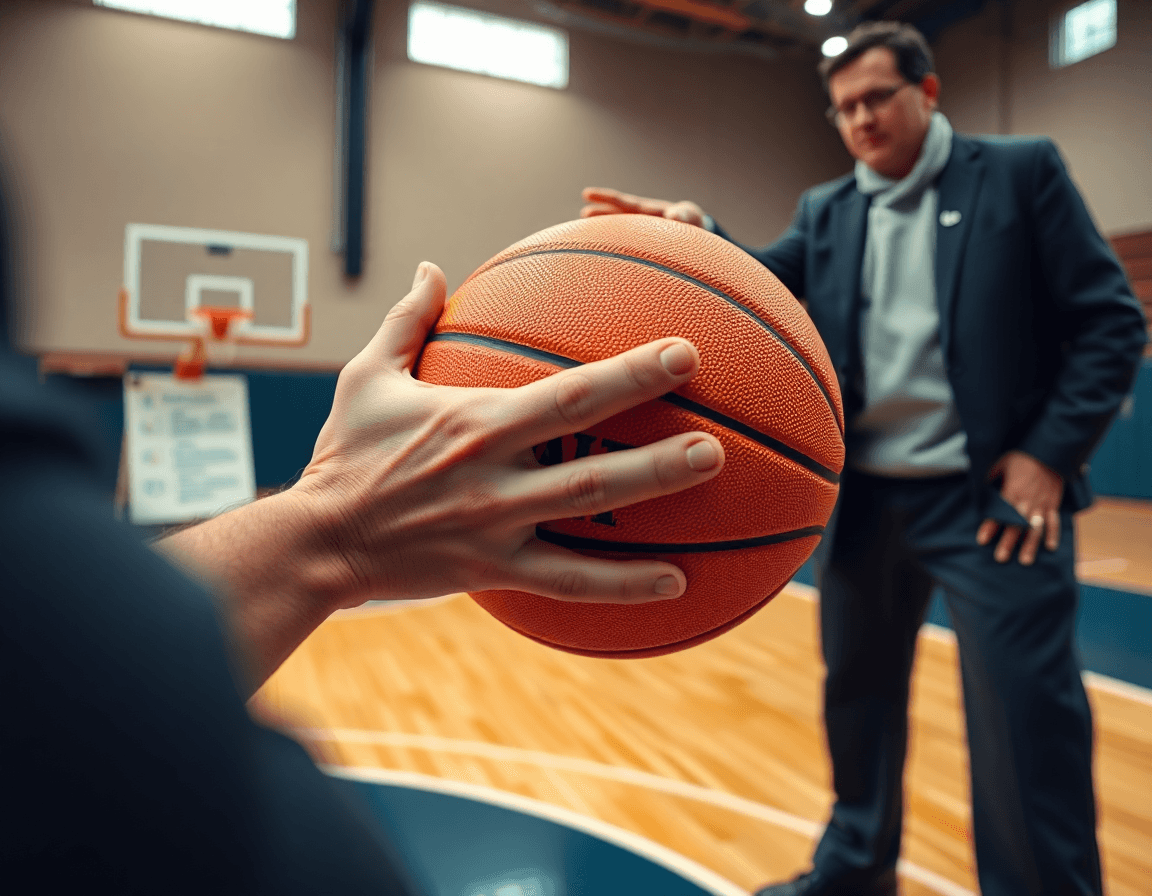 Gros plan sur les mains tenant une orange basketball pendant que le coach pointe le tableau tactique.