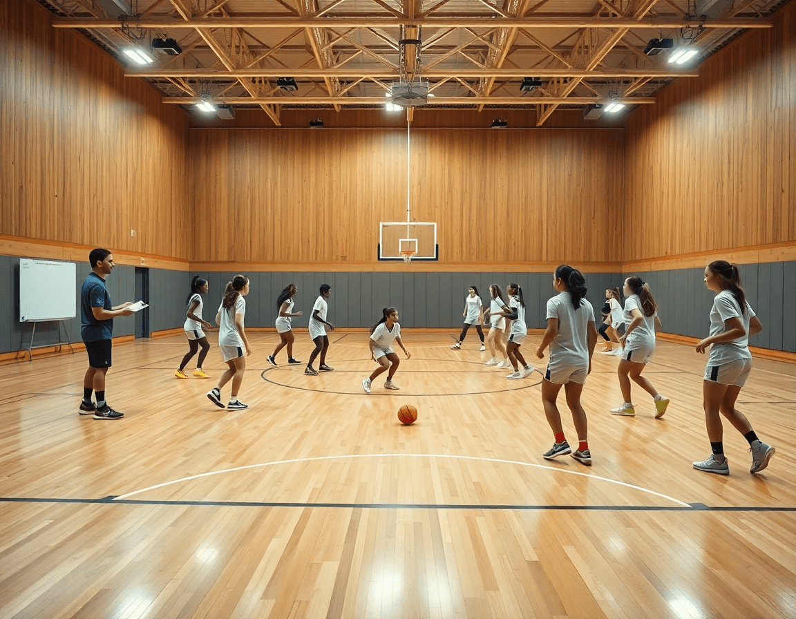 Plan large sur l'entrainement basket u15 filles dans une salle de gym, coach et joueurs concentrés.