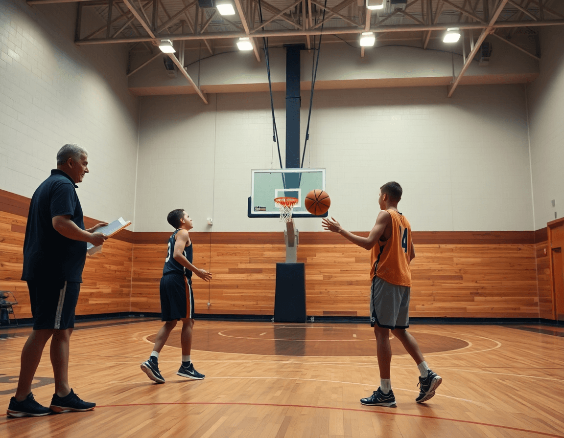 Plan rapproché montrant entrainement basket u15 garcon lors d'un exercice près du panier et du tableau.