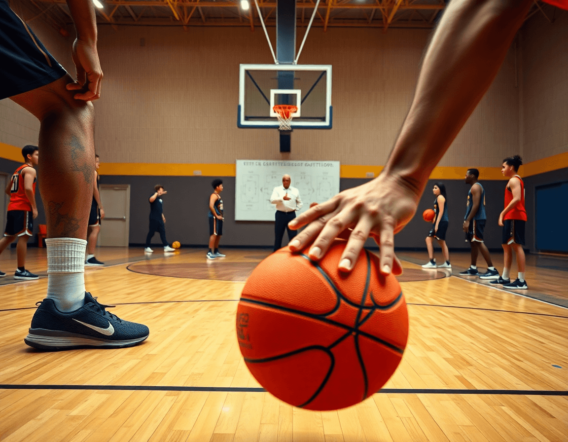 Plan rapproché sur les mains pendant entrainement basket u15 garcon, ballon orange et dribble près du panier.