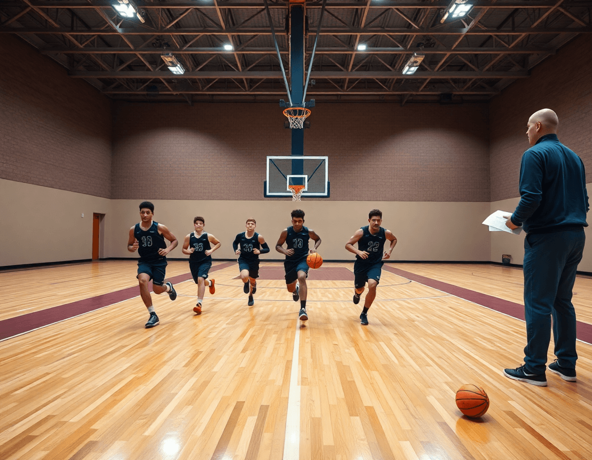 Plan d'équipe avec cinq joueurs courant sur le court, entrainement basket u15 garcon et coach au bord.