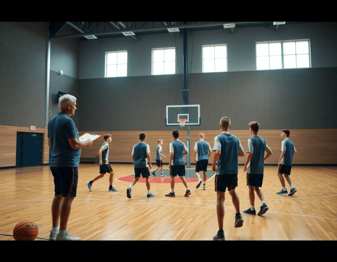 Plan panoramique montrant entrainement basket u15 garcon dans un gymnase, coach près du tableau et joueurs concentrés.