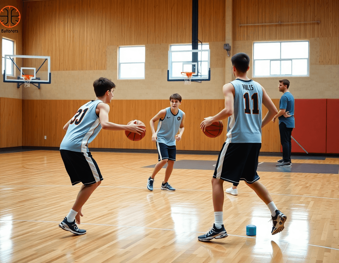Exemple d'entrainement basket u15 jeu rapide en trio sur le parquet, coach coordonnant.