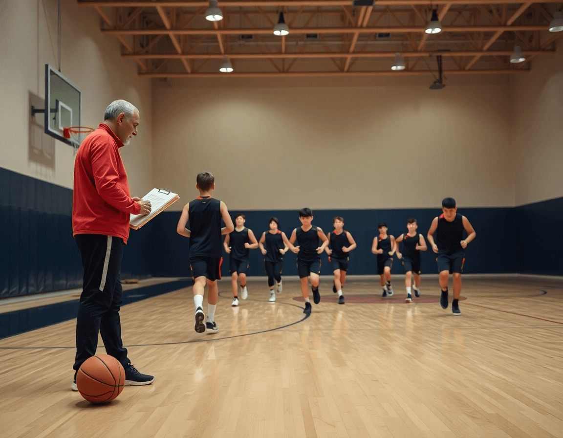 Plan hebdomadaire d'entrainement basket u15 jeu rapide sur un court intérieur, coach et joueurs.