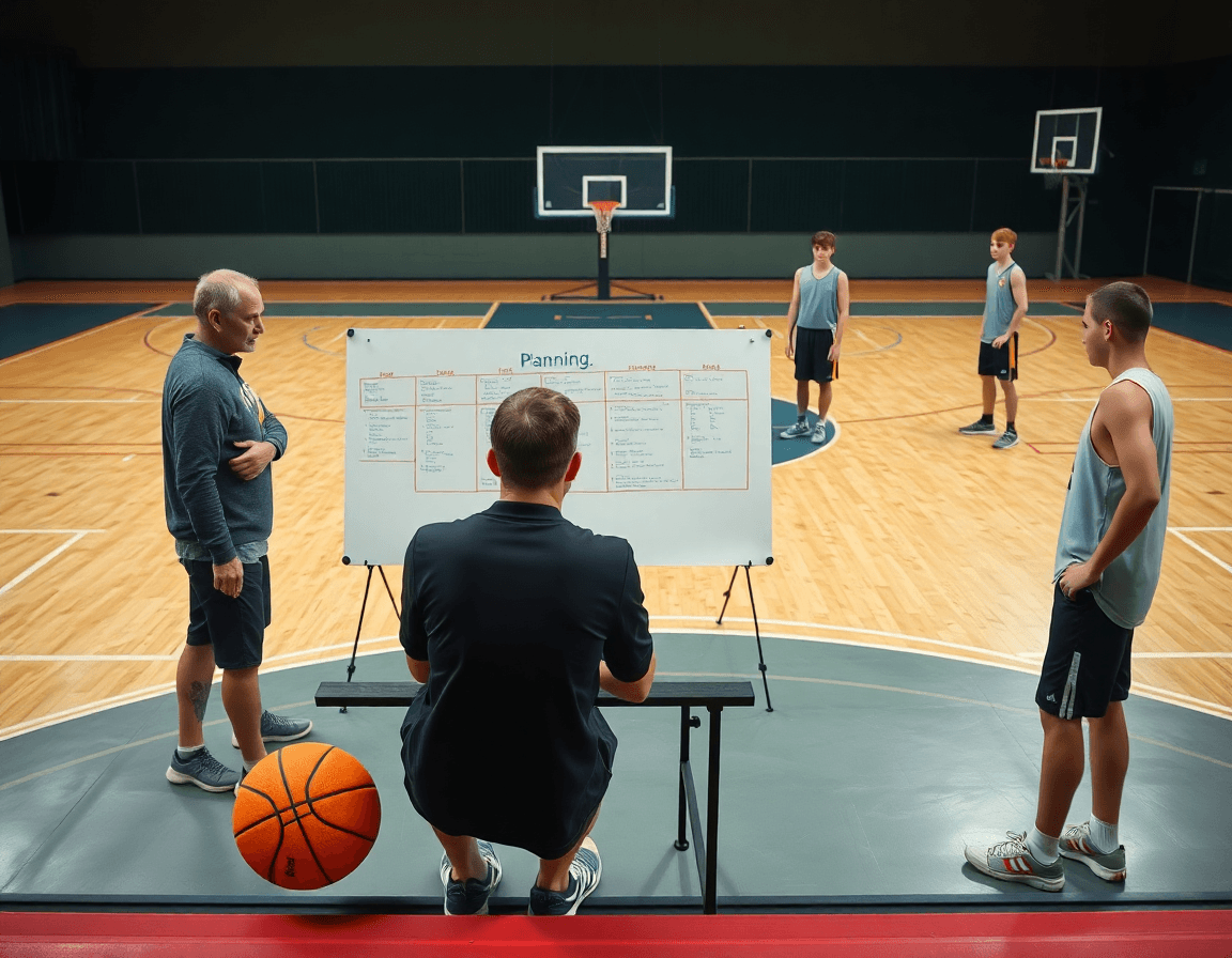 Planification de l'entraînement basket u15 pdf sur le terrain, coach et joueurs discutent objectifs.