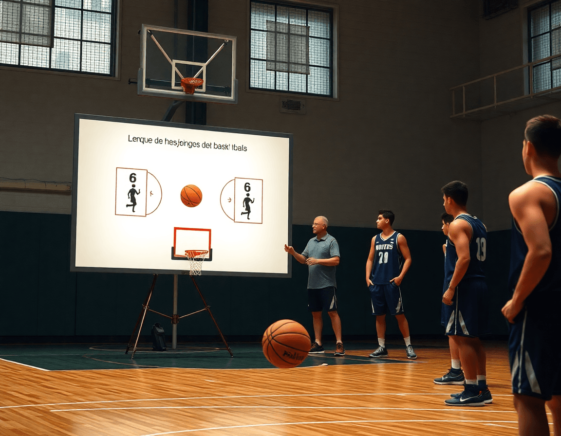 Coach explique des jeux de basketball sur un tableau blanc près du ballon de basketball pendant l'export PDF.